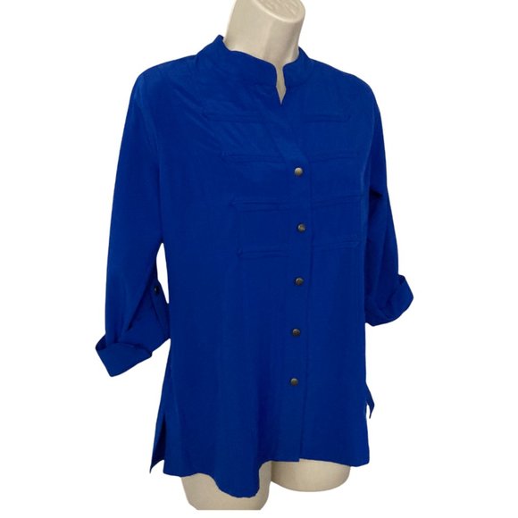 LAURA SCOTT Petites Royal Blue Mandarin Top - Picture 2 of 8